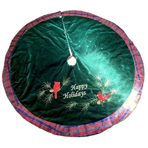 Tree Skirt Red Cardinals Green Velvet Happy Holidays Plaid Border Fully Lined - Picture 1 of 3
